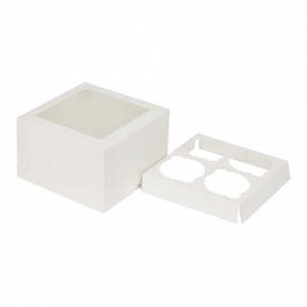 Коробка для 4 капкейков с окном, белая