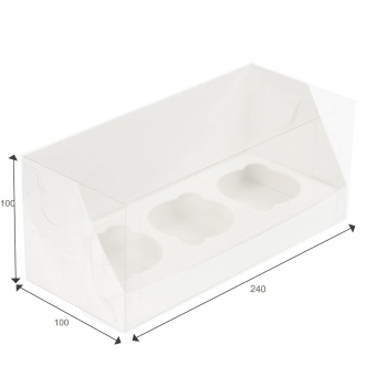 Коробка для 3 капкейков с пластиковой крышкой, 240*100*100, белая 