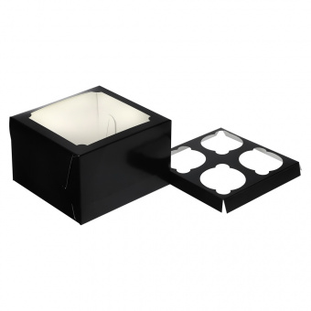 Коробка для 4 капкейков с окном, черная